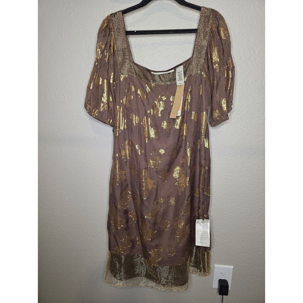 Laundry by Design Silk Gold Floral Metallic Mesh Trim Cocktail Dress Brown Sz 6